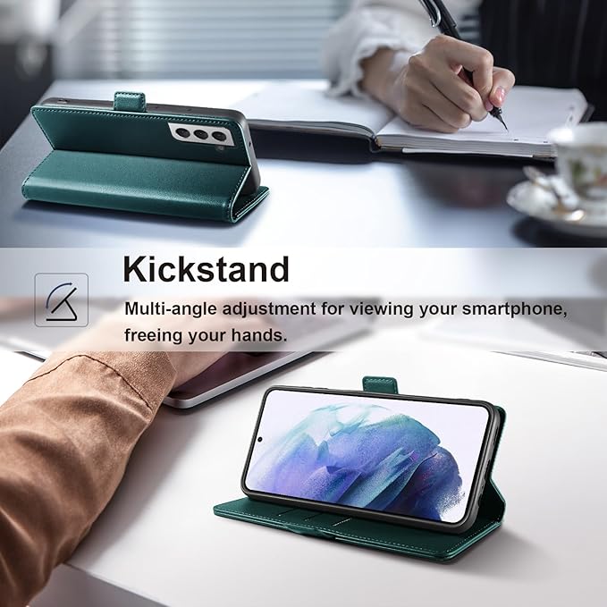 Wallet Flip Case for Samsung Galaxy S21 5G - [RFID Blocking] Luxury PU Leather Card Holder Magnetic Phone Cover with Kickstand,Shockproof Protective Case,Green