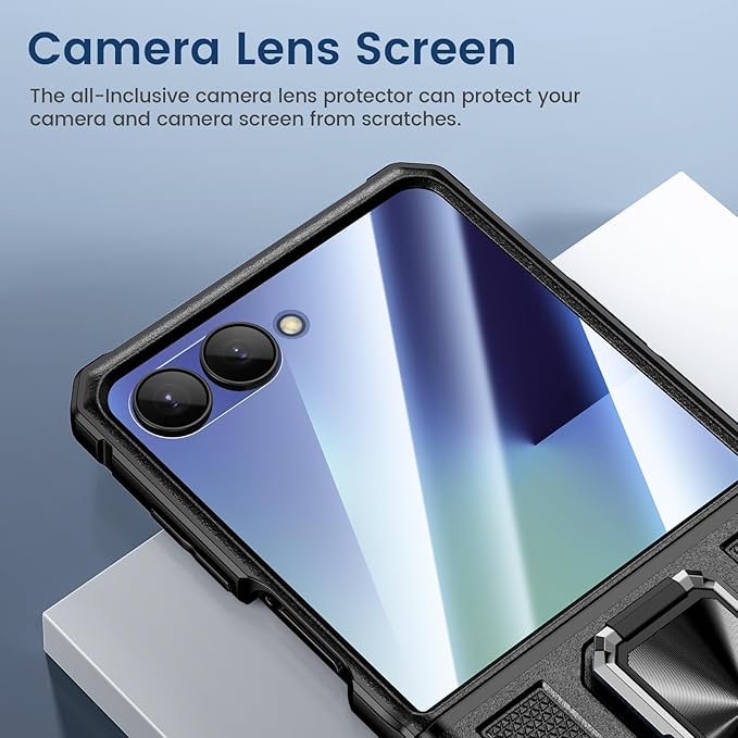 VEGO for Galaxy Z Flip 7 Case, 360° Rotatable Ring Kickstand & Belt Clip Holster & Tempered Glass Camera Screen Protector & Hinge Protection, Shockproof Case for Samsung Flip 7 5G - Black