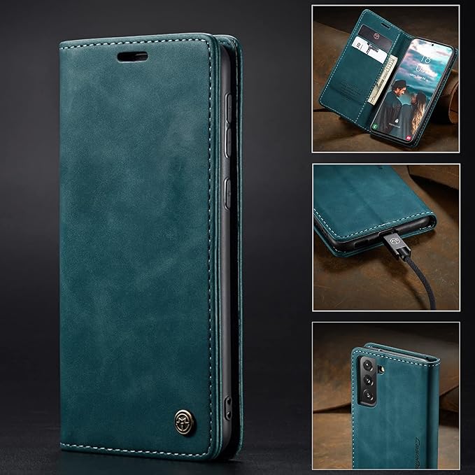 for Samsung Galaxy S21 FE Case, Flip Wallet Leather Case with Card Holder Magnetic Closure Shockproof Kickstand Protective Phone Cases Cover for Samsung S21 FE,Blue-Green