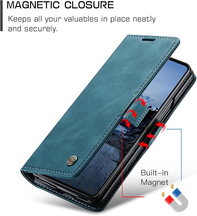 Wallet Case for Samsung Galaxy Z Fold 7 Leather Wallet Flip Cover with Card Holder, Kickstand, Magnetic Closure, RFID Blocking TPU Shockproof Phone Case Compatible with Fold 7, Blue-Green