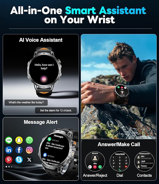 Military Smartwatch for Men(Answer/Make Calls),1000mAh Battery 1.85” HD Large Screen Fitness Watches with 100+ Sports Modes/Heart Rate Monitor Built-in LED Flashlight for Android iOS