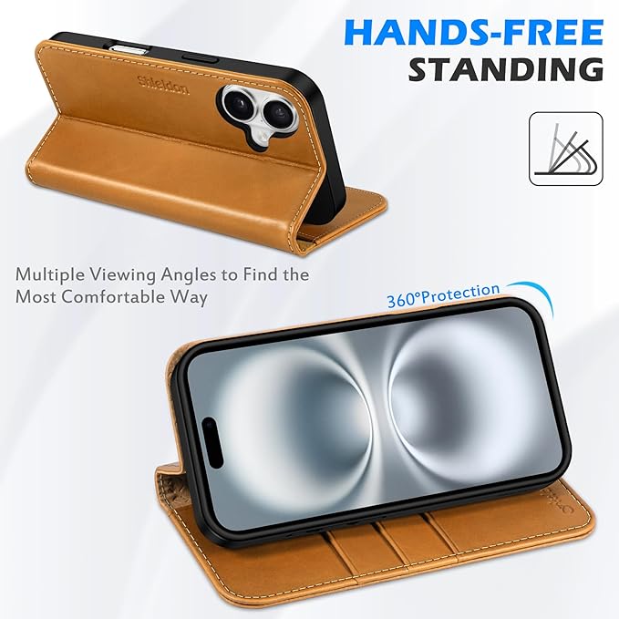 SHIELDON Case for iPhone 16 2024, Genuine Leather Magnetic Folio Wallet [RFID Blocking Credit Card Slots] Kickstand Shockproof Soft Phone Holder Case Compatible with iPhone 16 6.1" - Oily Brown