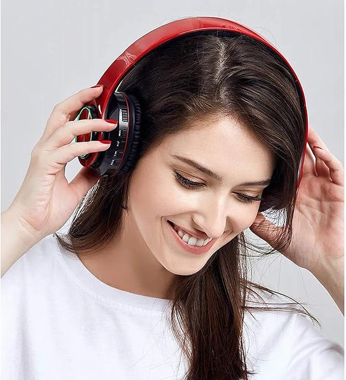 Bluetooth Over Ear Headphones, Colorful LED Lights Deep Bass Headphones with Microphone, Lightweight Wired and Wireless Foldable HiFi Stereo Headphones for Classroom/Home Office/Mobile Phone (Red)