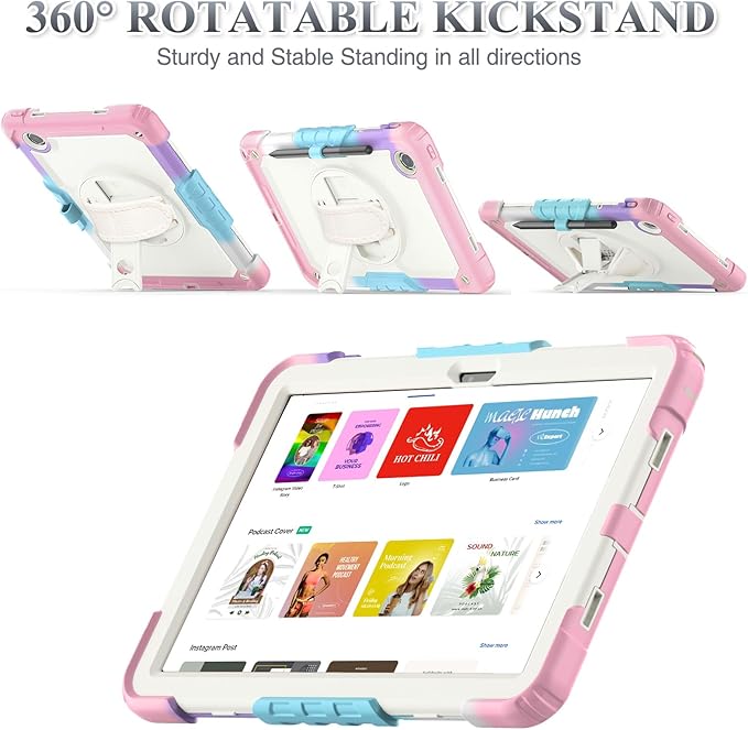 SEYMAC stock Tablet Case for Lenovo Tab M11 (TB-330FU/TB-330XU) 11 inch Drop-Proof Protection Cover with 360° Rotate Stand & Strap [Pen Holder] & Screen Protector/K11/Xiaoxin Pad 2024, Beige+Pink