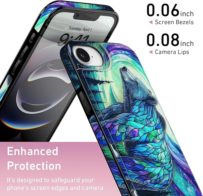 FUNMIKO for iPhone 16e Wallet Case with Card Holder, RFID-Blocking, Military-Grade Protection & UV-Printed Artwork, Magnetic Closure with Leather Kickstand - Prismatic Aurora Bear