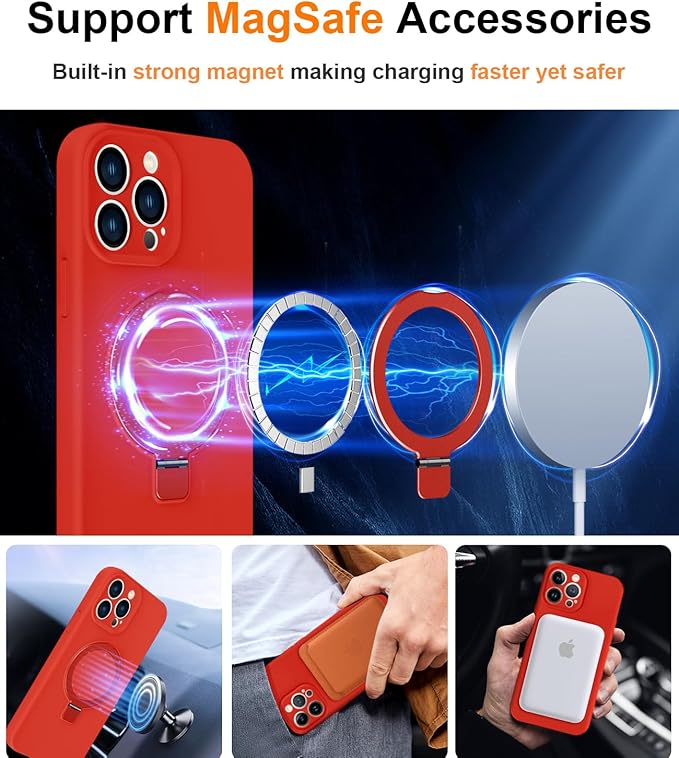 ZHK Liquid Silicone Designed for iPhone 15 pro max Case with Magnet Stand, [Precise Camera Lens Protection][Mil-Grade Drop Shockproof][Soft Anti-Scratch Microfiber Lining] Slim Fit Cover, Red