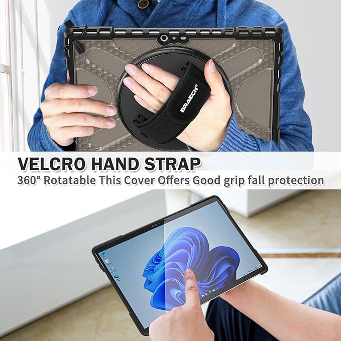BRAECNstock for Microsoft Surface Pro 7+ Plus/ 7/6/5/4 Case 12.3 inch, Rugged Protective Cover with 360° Rotating Hand Strap & Stand, Pencil Holder, Compatible with Type Cover Keyboard, Tawny