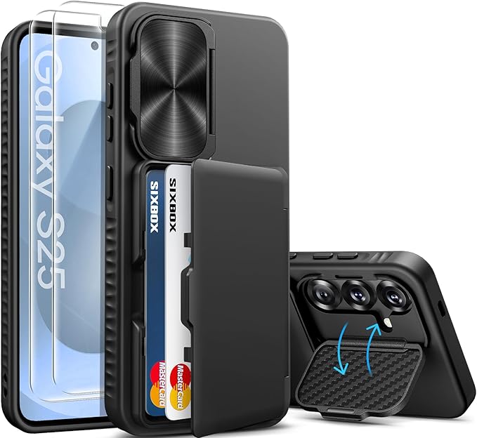 for Samsung Galaxy S25 Case Wallet, Built-in Stand with [2 Pack] Screen Protector & Card Holder & Camera Cover, Shockproof Rugged Protective Phone Cover Case for Samsung S25 6.2" 2025, Black