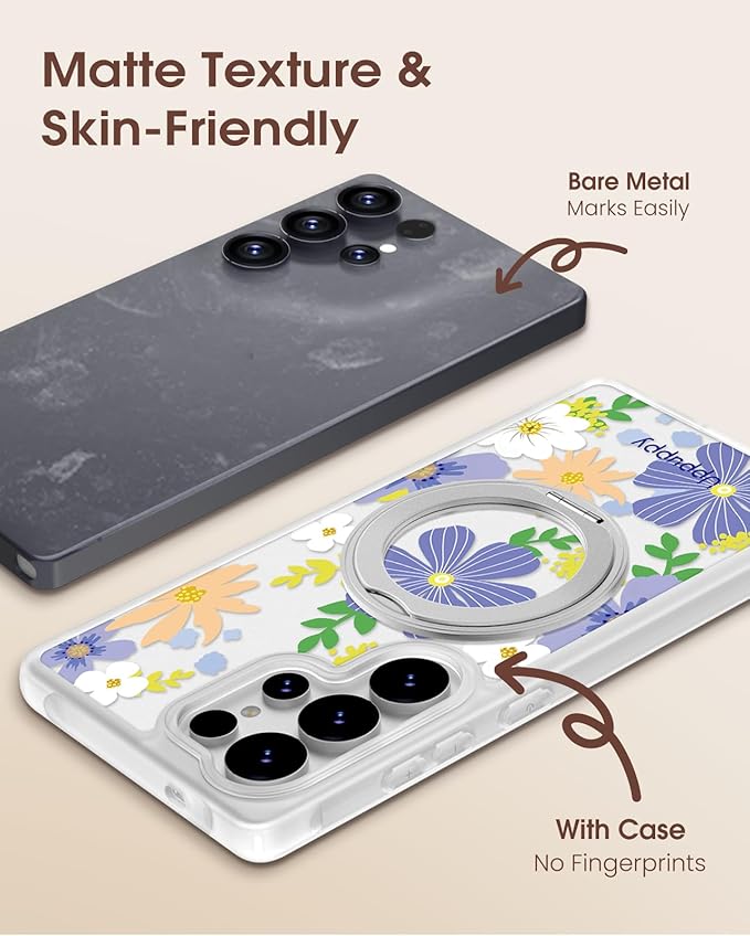 for Samsung Galaxy S25 Ultra Case with 360° Rotatable Magnetic Ring - Compatible with MagSafe, Semi-Transparent Soft-Touch Material Shockproof, Cute Purple Flower Design for Women Girl