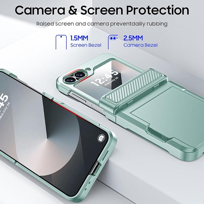 CENMASO for Samsung Galaxy Z Flip 6 Case/Z Flip 7 FE Case with Card Holder [RFID Blocking] & Hinge Protection & Screen Protector, Full-Body Shockproof Phone Case for Z Flip 6/Z Flip 7 FE-Mint Green