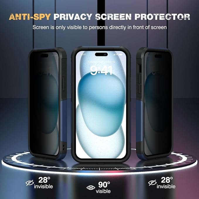 Diaclara Designed for iPhone 15Case, [with Privacy Screen Protector] [Anti Spy] [Military Grade Drop Protection] Heavy Duty Full-Body Shockproof Phone Case, Dark Blue