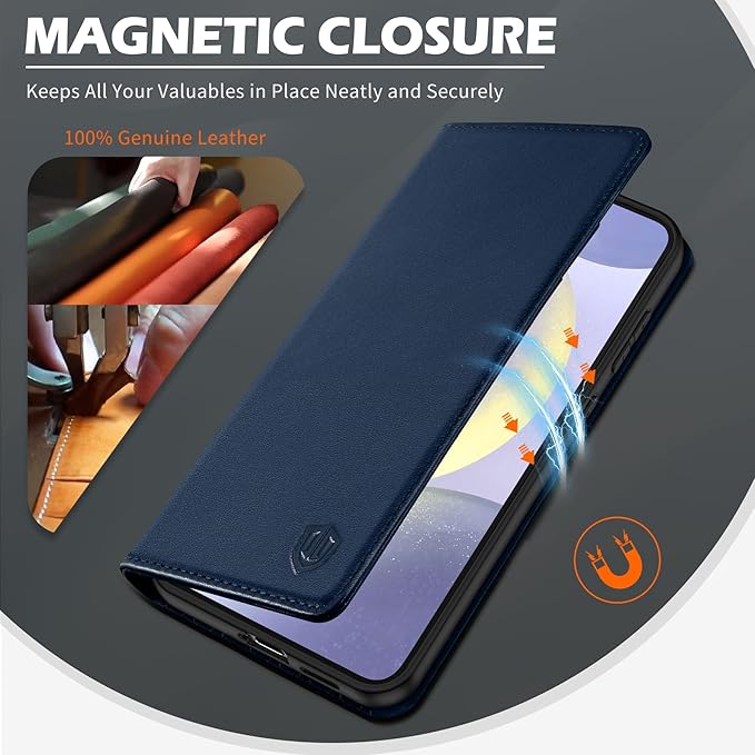 SHIELDON Case for Galaxy S25 Plus 5G 6.7", Genuine Leather Flip Wallet Case Kickstand RFID Blocking Credit Card Holder Magnetic Shockproof Cover Compatible with Galaxy S25+ 2025 - Nappa Navy Blue