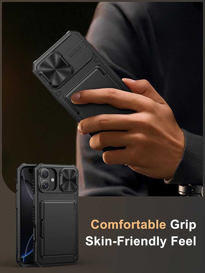 Vihibii for iPhone 16 Plus Case Wallet with Card Holder (4 Cards) [RFID Blocking] & Slide Camera Cover, Military Grade Drop Protection, Rugged Hard Back & Silicone Edge Phone Case, 6.7" 2024, Black