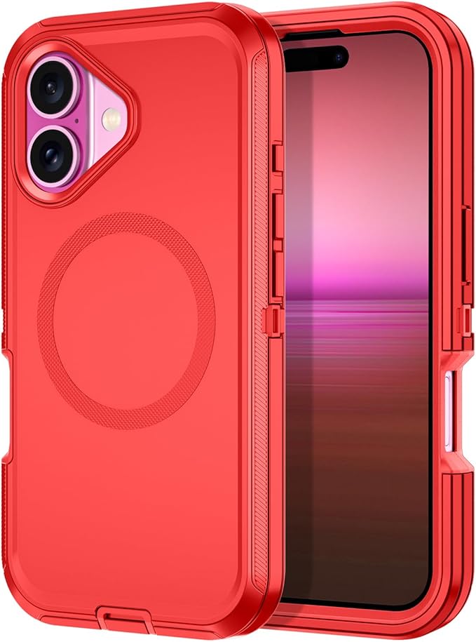 for iPhone 16 Case [Compatible with MagSafe] Shockproof 3-Layer Full Body Protection [Without Screen Protector] Rugged Heavy Duty Cover Case for Apple iPhone 16 6.1",Red