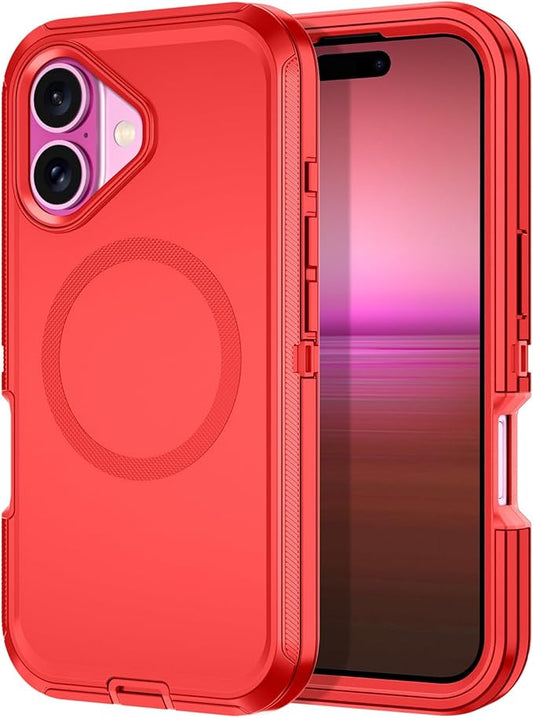 for iPhone 16 Case [Compatible with MagSafe] Shockproof 3-Layer Full Body Protection [Without Screen Protector] Rugged Heavy Duty Cover Case for Apple iPhone 16 6.1",Red