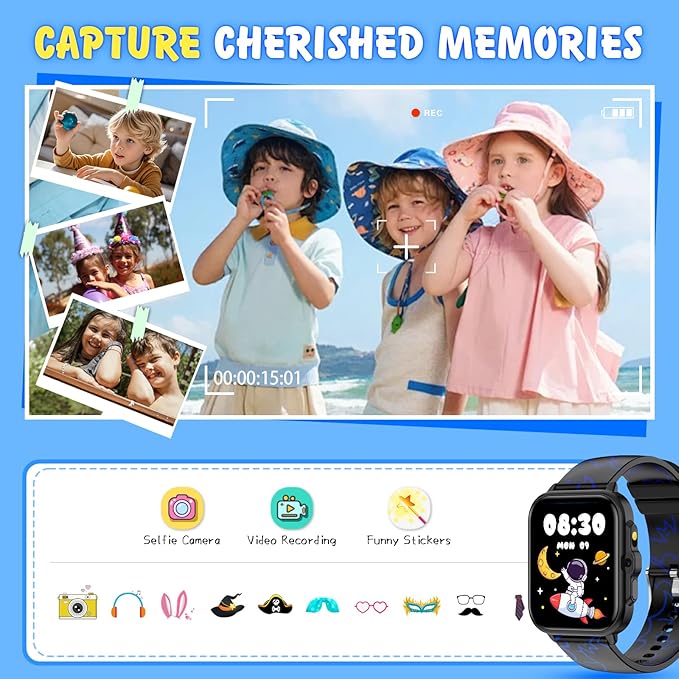 Smart Watch for Kids, 1.85" Fitness Tracker,100+Sport modes,Learning games,Sleep Monitor,Camera,Videos,Alarm Play Music Flashlight Pedometer Stopwatch Pedometer IP68 Waterproof Gift for Boys and Girls