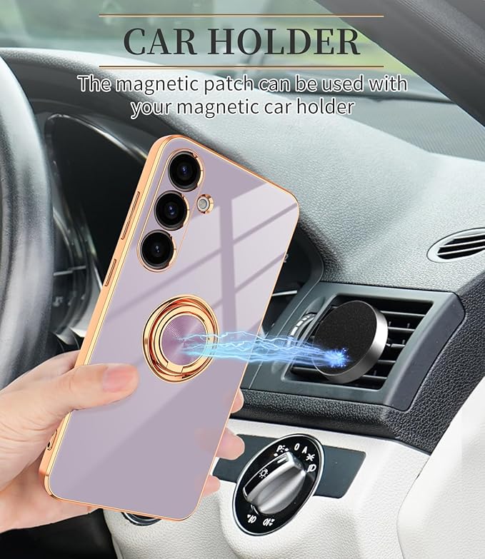 Dinick Purple for Samsung Galaxy S24+ Case with Ring Holder Kickstand [with Magnetic] Soft TPU Bumper, Glitter Gold Electroplated Cover Slim Thin Protective Phone Case for Galaxy S24 Plus