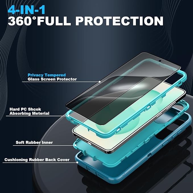 Designed for Samsung Galaxy S25 Edge Case [with Privacy Screen Protector] 3-Layer Full Body Protection Rugged Shockproof Heavy Duty Phone Case Cover, Turquoise