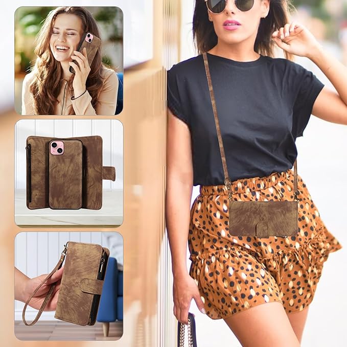 Asuwish Phone Case for iPhone 15 6.1 inch Zipper Wallet Magnetic Cell Cover with Tempered Glass Screen Protector Crossbody Strap Flip Credit Card Holder iPhone15 5G i i-Phone i15 15Case Women Brown