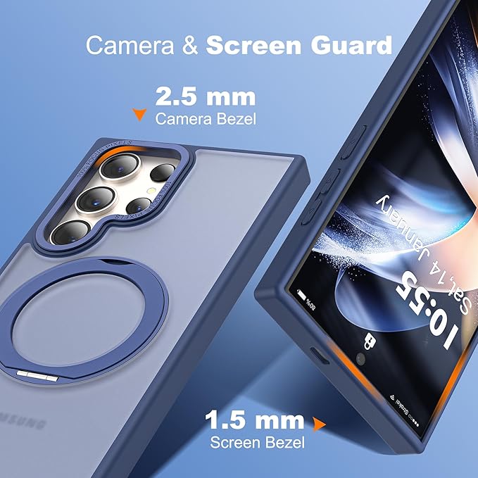 Compatible with Samsung Galaxy S24 Ultra Case with 360Rotatable Magnetic Ring Stand Compatible with Mag-Safe Military Protection Matte Translucent Phone Cases for S24 Ultra 6.8",Blue