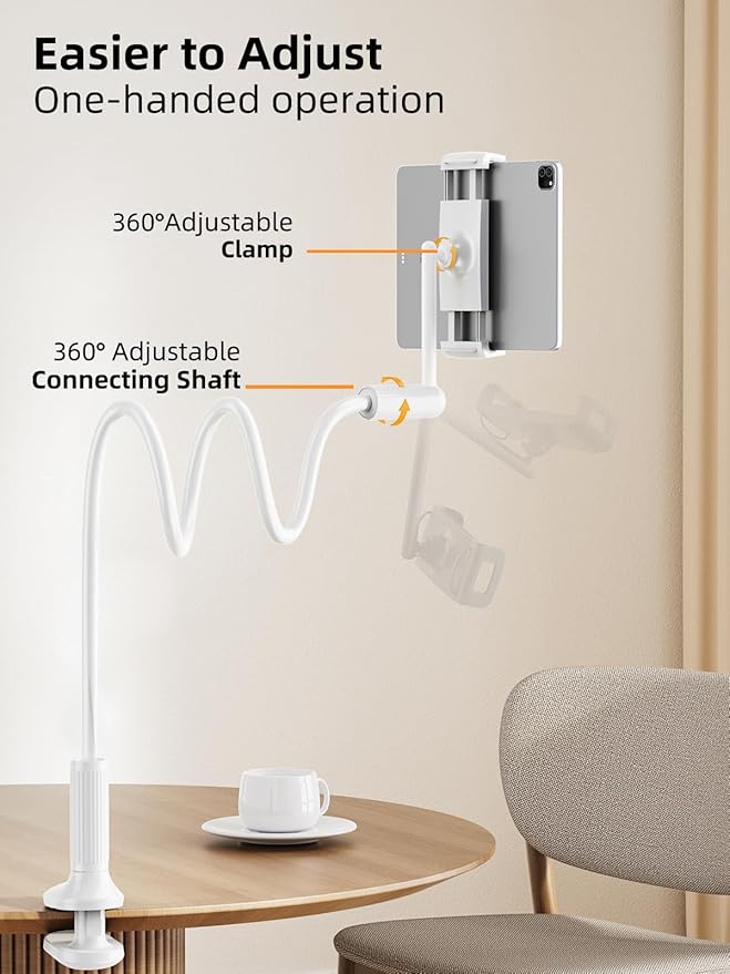 SAIJI Gooseneck Tablet Holder for Bed, One-Hand Adjustable, 47" Length, Upgraded Base, iPad Holder Stand Flexible Lazy Arm, Compatible with iPad/iPhone/Kindle/Switch or Other 4.7-13" Device (White)