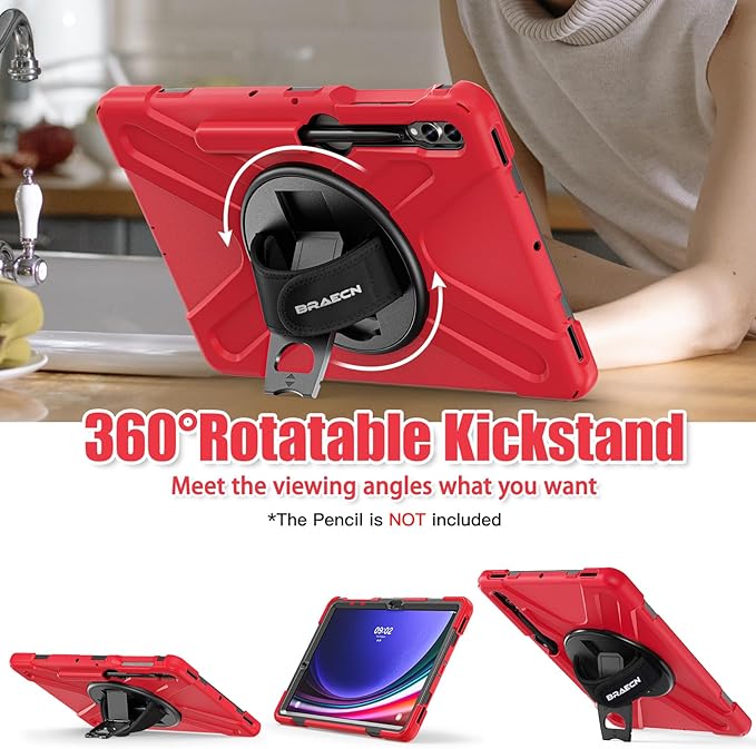 BRAECNstock for Samsung Galaxy Tab S10+ Plus/ S9 FE+ Plus/ S9+ Plus/ S8+ Plus/ S7 FE/ S7+ Plus 5G Tablet Case 12.4 inch Shockproof Protective Kids Cover with Pen Holder Rotating Stand+Hand Strap - Red