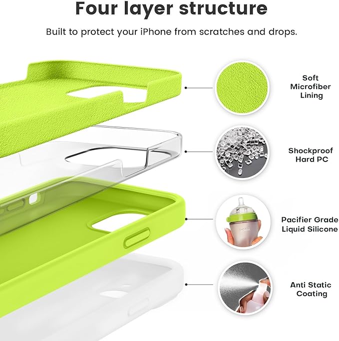 Vooii Compatible with iPhone 12 Case/iPhone 12 Pro Case, Liquid Silicone Upgrade [Soft Anti-Scratch Microfiber Lining] [Shockproof Drop Protection] Phone Case 6.1 inch - Fluorescent Green