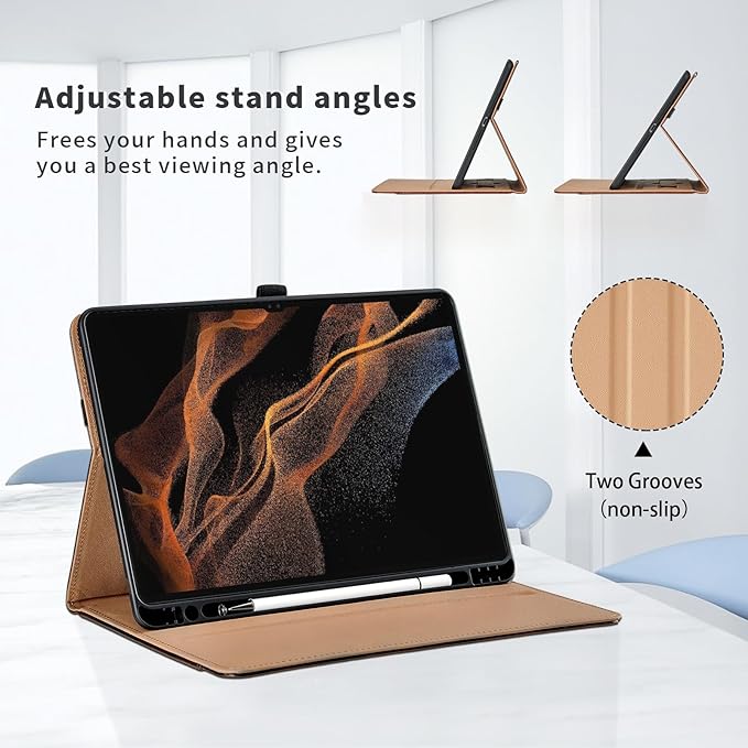 Case for Samsung Galaxy Tab S8 Ultra 14.6" 2022 (SM-X900/X906) - PU Leather Folio Case with S Pen Holder and Pocket, Auto Wake/Sleep Smart Tablet Cover, Brown