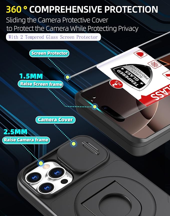 for iPhone 16 Pro Max Case Magnetic Compatible with MagSafe Wireless Charging with 2 Screen Protectors,Built-in Kickstand Ring Camera Heavy Duty Protection Military Grade Drop Shockproof Black