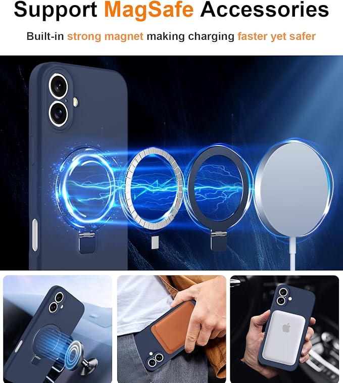 ZHK Liquid Silicone Designed for iPhone 16 Plus Case with Magnet Stand, [Precise Camera Lens Protection][Mil-Grade Drop Shockproof][Soft Anti-Scratch Microfiber Lining] Slim Fit Cover, Navy Blue