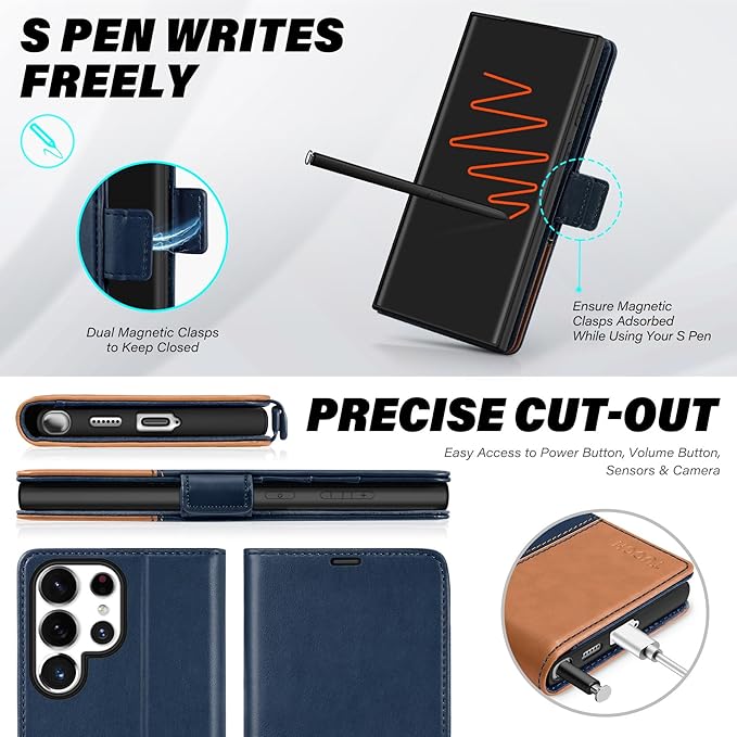 TUCCH Case Wallet for Galaxy S25 Ultra, PU Leather Magnetic Kickstand [RFID Blocking] Card Slot Folio Flip Cover with [TPU Shockproof Interior Case] Compatible with Galaxy S25 Ultra, Blue & Brown