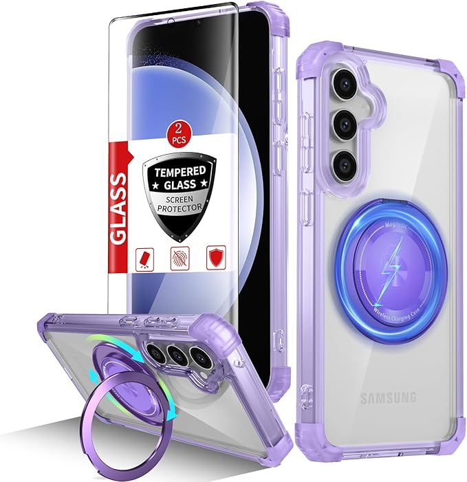 for Samsung Galaxy S23FE Case Magnetic Compatible with MagSafe,with 2 Screen Protector,Built-in Camera Cover+Stand Ring,Military Grade Drop Shockproof Heavy Duty Protection Phone Bumper Purple