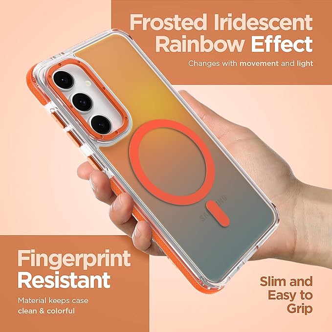 MOWIME Magnetic Case for Samsung Galaxy S24 FE [Compatible with Magsafe] [Cute Fashion Fluorescent Design] [1 Screen Protector] Slim Translucent Matte Case for Galaxy S24 FE 6.7", Orange