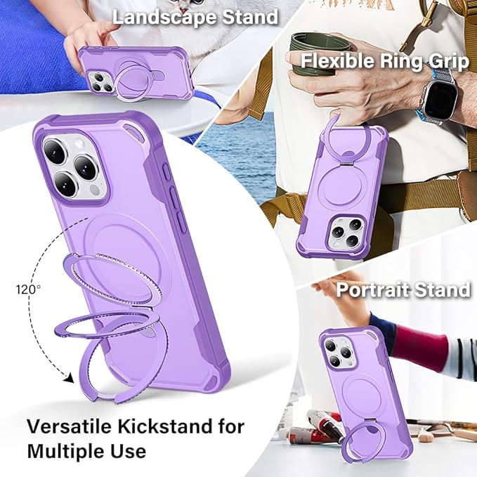 Designed for iPhone 16 Pro Max Case with Magnetic Stand [Military Drop Protection][Compatible with Magnet] Shockproof 16 Pro Max Phone Case with Ring Holder, Purple
