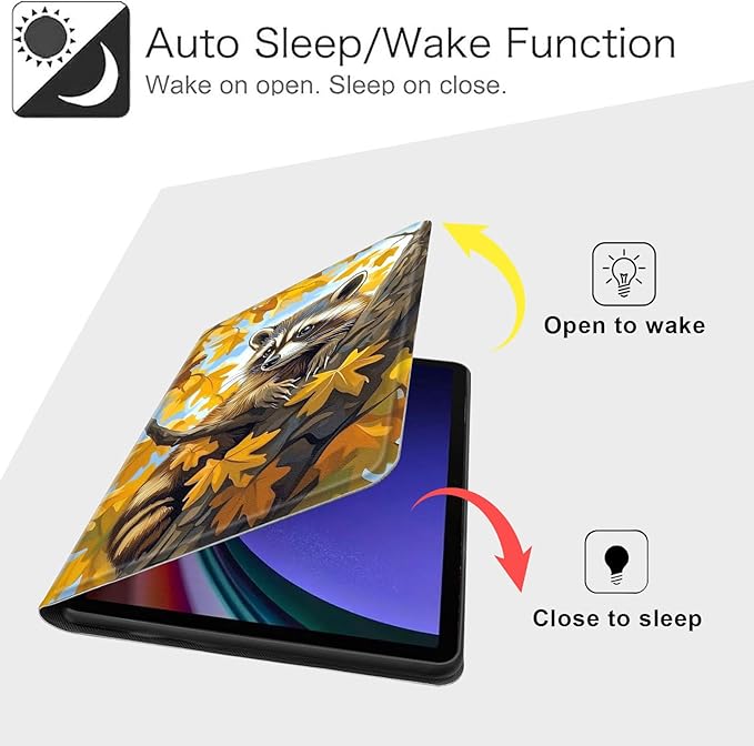 Case for Samsung Galaxy Tab S10 FE/ S9 FE 5G 10.9 Inch/Tab S9 11 Inch, Slim PU Leather Stand Cover with Auto Wake/Sleep, Multi-Angle Viewing & Shockproof, Raccoon Perched