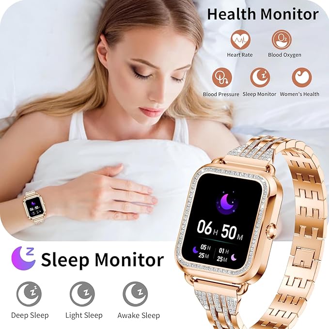 Efolen Smart Watches for Women with Diamonds (Answer/Make Call), 1.57'' Bluetooth Smartwatch for Android iOS Phones, Waterproof Fitness Watch with Heart Rate/SpO2/Sleep/BP/AI Voicer (Rose Gold)