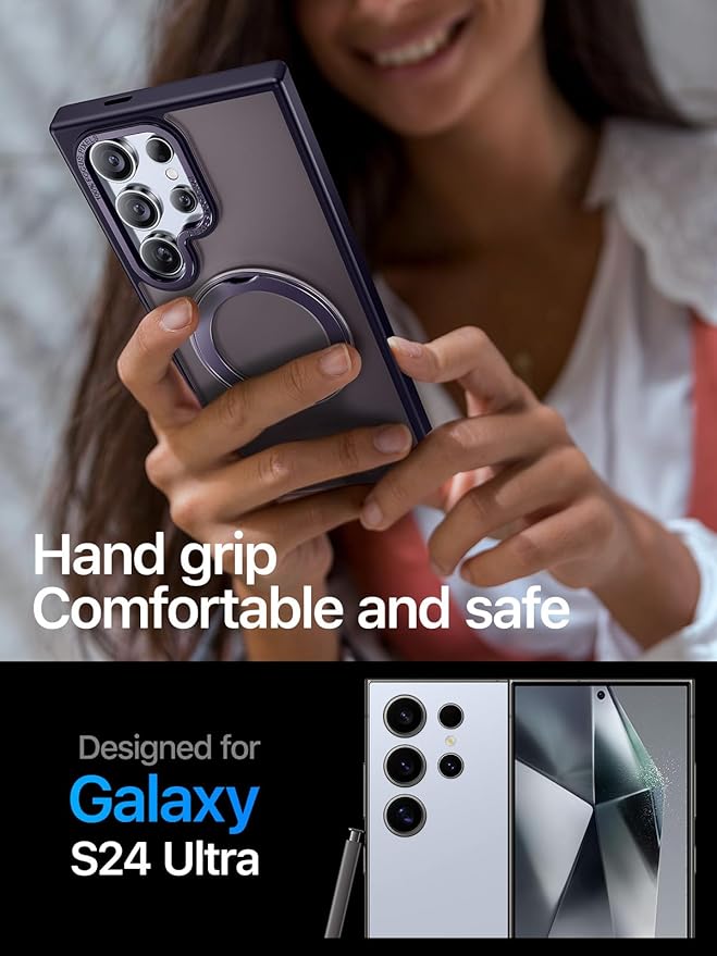 QTlier Phone case for Galaxy S24 Ultra& S25 Ultra- 360 Rotatable Magnetic Ring Stand, Military-Grade Protection, Raised Camera Frame (Purple, S24 Ultra)