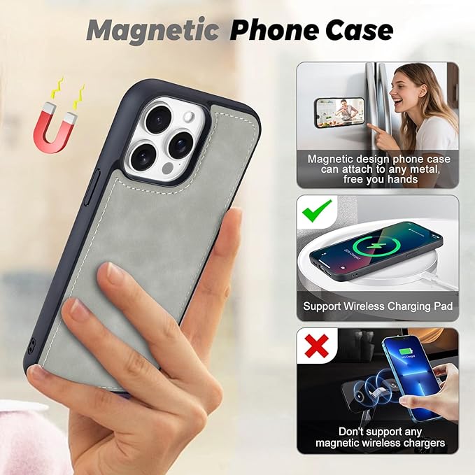 TwoHead Wallet Case Compatible with iPhone 15 Pro,Detachable Magnetic Phone Case,All-Round Protective Leather Phone Case with Card Holder,6.1 in,Gray