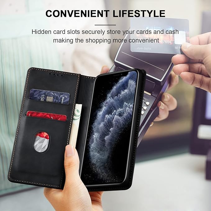 Jasonyu Flip Wallet Case for iPhone 11 Pro Max,Leather Magnetic Folio Cover with Card Holder,Kickstand - TPU Shockproof Durable Protective Phone Case,Black