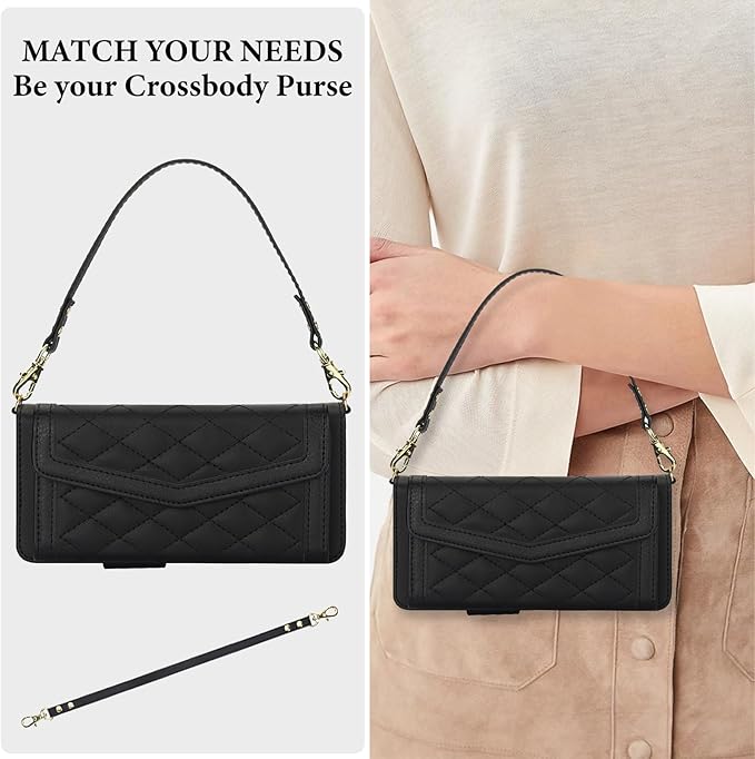 for Samsung Galaxy Z Fold 7 Wallet Case - Stitching Pattern RFID Blocking Card Holder, S Pen Slot Crossbody Strap, Full Body Protection Flip Cover for Women Black