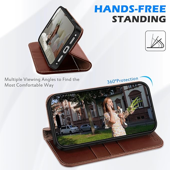 SHIELDON Case Wallet for iPhone 17 5G 6.3-inch 2025 | Genuine Leather | Flip Magnetic Closure | RFID Blocking Credit Card Holder | Kickstand | TPU Shockproof Cover | Retro Coffee