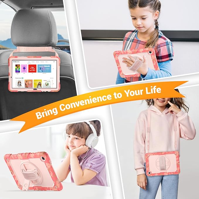 SEYMAC Case for Samsung Galaxy Tab A9+/ A9 Plus 11" (SM-X210/X216/X218), Heavy Duty Shockproof Protective Case with Screen Protector, Rotating Stand, Hand/Shoulder Strap, Multicolor/Pink