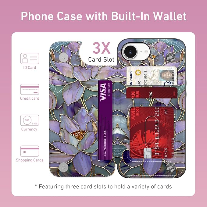 FUNMIKO for iPhone 16e Wallet Case with Card Holder, RFID-Blocking, Military-Grade Protection & UV-Printed Artwork, Magnetic Closure with Leather Kickstand - Dreamy Lotus