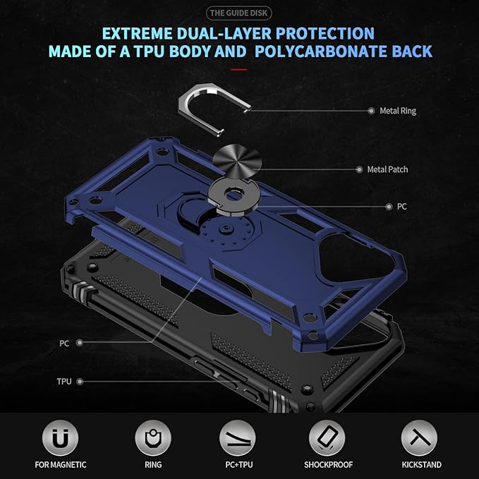 ADDIT Compatible with iPhone 17 Case with Tempered Glass Screen Protector, Adjustable Kickstand Ring, Military-Grade Heavy Duty Protection, Shockproof, Anti-Fingerprint,Blue