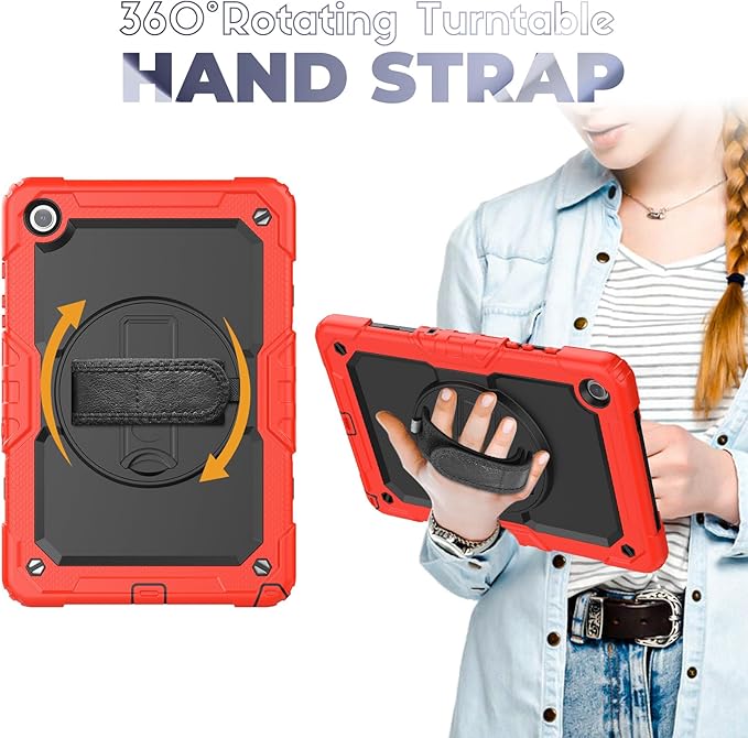 BLOSOMEET Case for Samsung Galaxy Tab A9 Plus with Tempered Glass Screen Protector Shoulder Strap Pencil Holder,Red