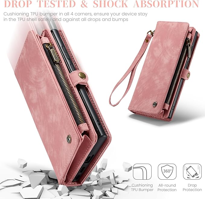 SZHAIYU 2 in 1 Detachable for Samsung Galaxy S24 Ultra Wallet Case with Card Holder, Retro Premium Flip Leather Cover Magnetic Zipper Pocket Phone Cases 6.8'' (Pink, S24 Ultra)