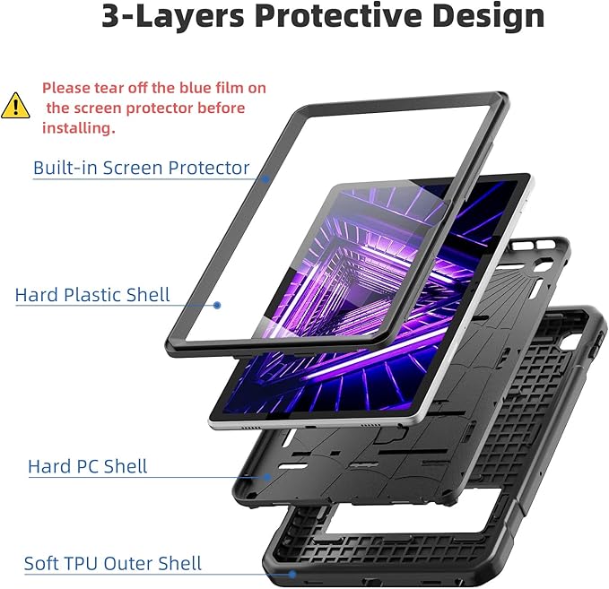TSQQST Lenovo Tab M10 Plus Case 10.6 Inch 2022 3rd Gen (TB-125F/TB-128F) with Screen Protector Stand | Heavy Duty Rugged Kids Case for Tablet Lenovo M10 Plus 10.6" (Black)