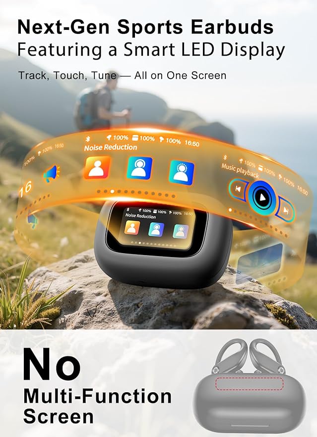 Wireless Earbuds, ANC Noise Cancelling Sport Ear Buds with Multifunctional Touch Screen Case, Bluetooth 5.4 Headphones, Bass Stereo Sound, 5 EQ Over-Ear Earbuds for Sports/Workout/Gym-Grey