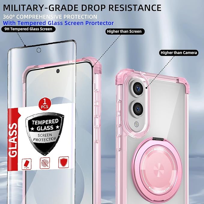 for Samsung Galaxy S25 Edge Case Compatible with MagSafe Magnetic,with Screen Protector,Built-in Kickstand Ring Military Grade Drop Heavy Duty Protection Shockproof for S25Edge Phone Case Pink