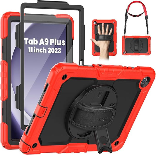 SEYMAC Case for Samsung Galaxy Tab A9+/ A9 Plus 11" (SM-X210/X216/X218), Heavy Duty Shockproof Protective Case with Screen Protector, Rotating Stand, Hand/Shoulder Strap and Pen Holder, Red